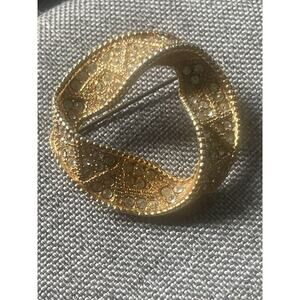 Vintage Womens Ribbon Brooch Goldtone Rhinestone Cocktail Eveningwear Pin